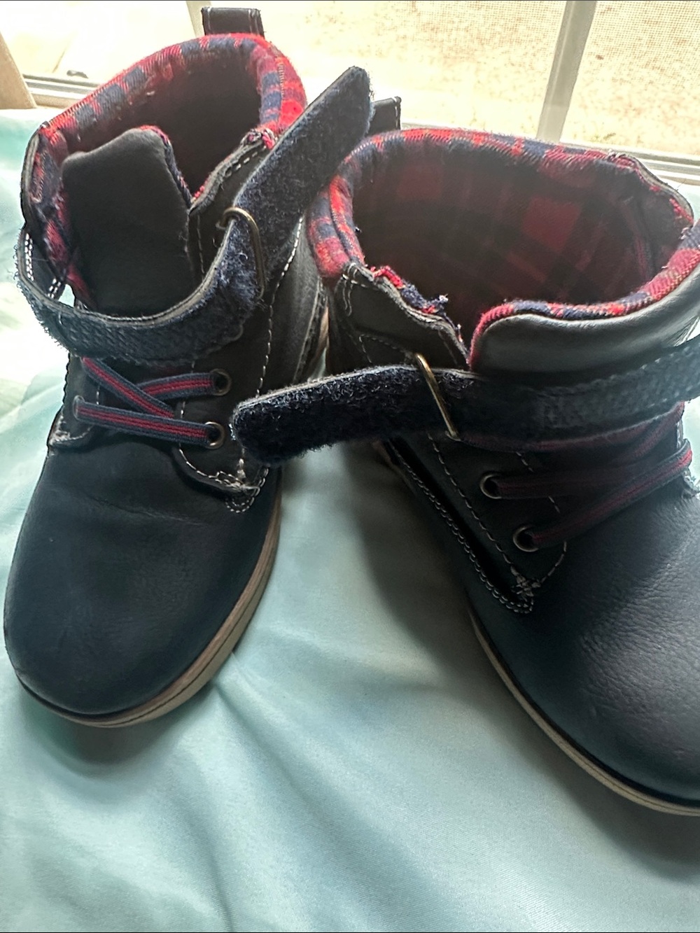 Eddie Bauer Navy Kids Ankle Boots with Red Plaid Lining